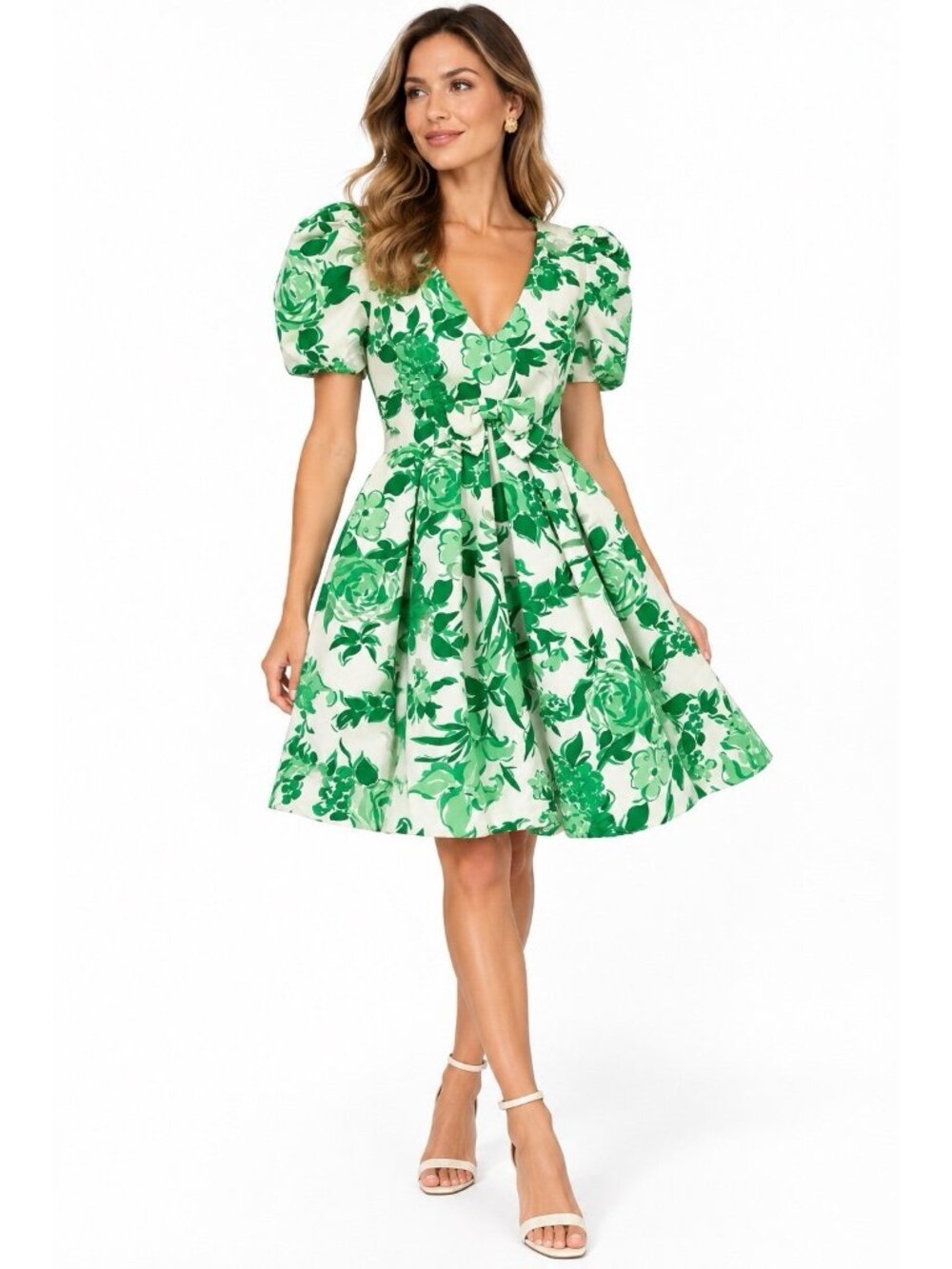 vintage 80s SCASSI BOUTIQUE dress green floral MEDIUM puff sleeve bow fit flare